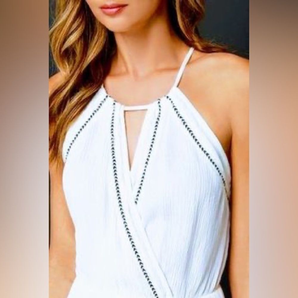 L*Space Off-White Halter Midi Dress w/Blue Embroidery & Open Back (Size: Med)